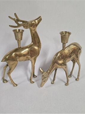 Vintage Set OF KCI Made In Taiwan Brass MCM Reindeer Christmas Candleholders